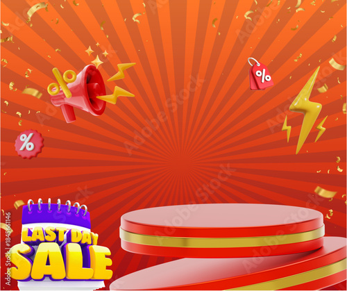 This flash sale promotional banner template is designed to showcase products or announce attractive offers. It includes a display stand, a lightning bolt icon, a siren, and discount tags.