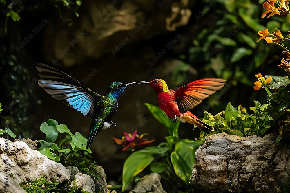 Naklejka premium Two hummingbirds in flight one iridescent blue green and black the other red orange yellow feeding in tropical foliage