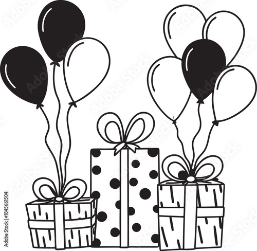 gift boxes with balloons and ribbons