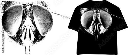 Vintage Fly Eyes Macro Engraving T Shirt Design, Inverted Black White Xerography Vector on Transparent Background