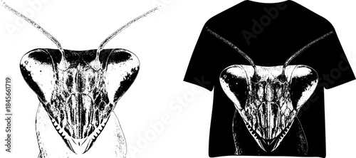 Vintage Praying Mantis Head Engraving T Shirt Design, Inverted Black White Xerography Vector on Transparent Background