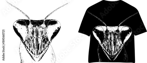 Vintage Praying Mantis Head Engraving T Shirt Design, Inverted Black White Xerography Vector on Transparent Background