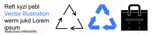 Sustainability, recycling, eco-symbols, business management, waste reduction, and environmental awareness. Black arrows triangle, blue recycling symbol and black briefcase. Sustainability