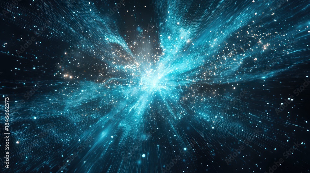 Obraz premium Exploding blue light particles forming a dynamic big bang burst of data and energy, evoking network connections, quantum computing, digital transformation, and cosmic flow