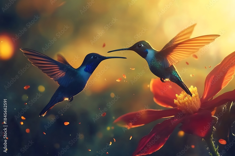 Naklejka premium Two hummingbirds hovering near a red flower one black with blue and orange wings in warm golden light