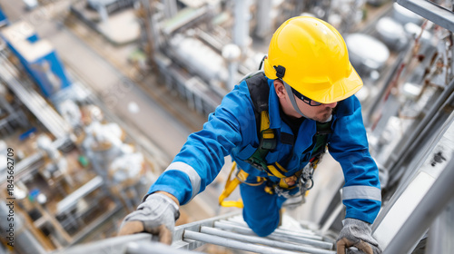 Faceless worker climbing vertical metal ladder on tall industrial tower structure, elevated perspective view, safety harness and protective equipment visible, defocused plant machi