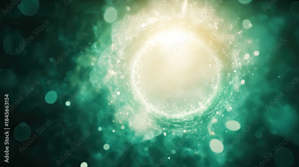 Obraz premium Abstract portal with a bright central light radiating intricate glowing particles and soft bokeh over a dark turquoise background, evoking futuristic digital data and energy flow