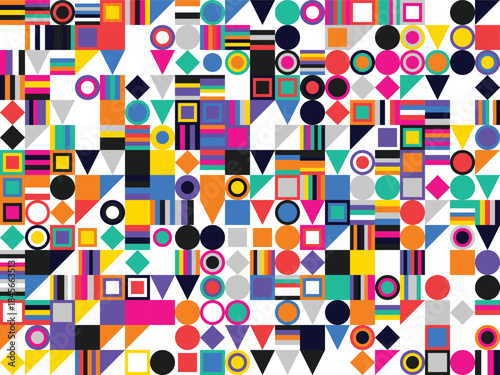 Vibrant geometric shapes in various colors and sizes on