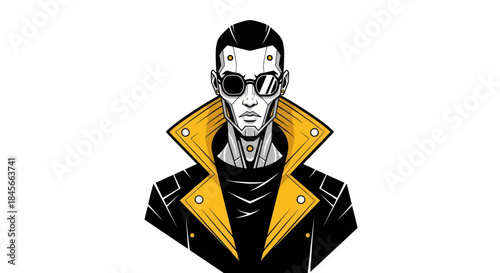 Stylized cyborg character wearing sunglasses and jacket on white background