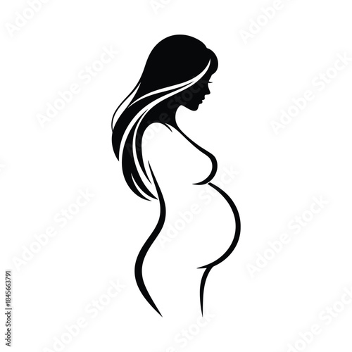 Black silhouette of a pregnant woman with long flowing hair black and white female 1