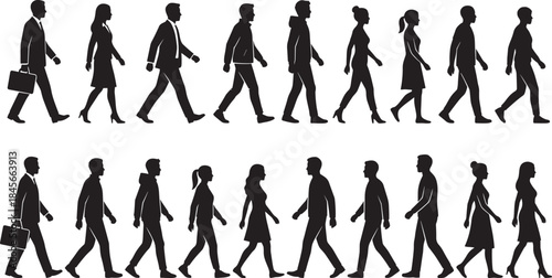 Diverse Walking People Silhouettes: Collection of Male and Female Figures in Business and Casual Attire Moving in Side Profile for Crowds and Movement Concepts.