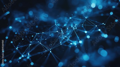 Abstract blue digital network connecting dots and lines representing data communication, global connections, and technological innovation in a futuristic context