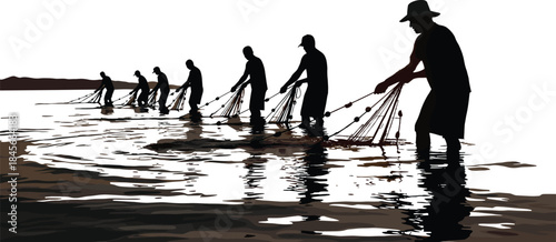 Fishermen silhouette pulling nets, traditional fishing teamwork, coastal livelihood scene, hard work unity, rural industry, black illustration, isolated white background