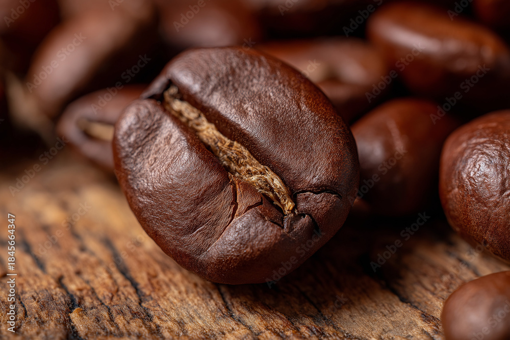 Fototapeta premium This image features a close-up of a coffee bean resting on a wooden surface, capturing the rich, dark color and texture that represents the essence of premium coffee.