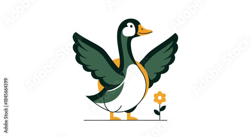 Stylized duck illustration with open wings and a flower against a white background