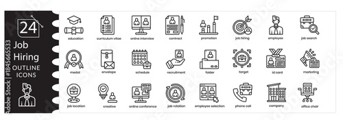 Job Hiring and Recruitment Vector Icon Set Featuring Employee Selection, Interview Process, Candidate Evaluation, HR Management, Career Opportunities, and Professional Workforce Illustrations.