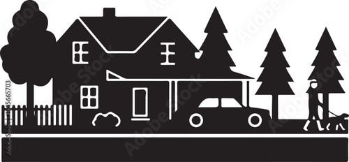 Suburban House with Car and Family Walking Dog Silhouette
