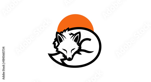 Stylized fox illustration sleeping curled up with orange sun graphic element