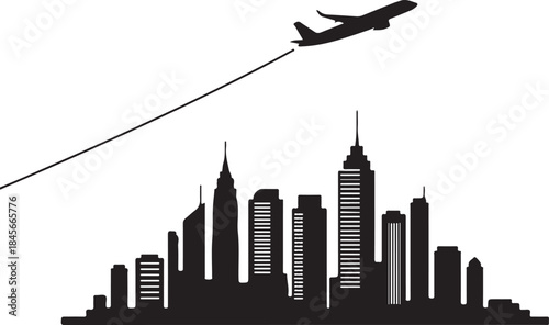 Airplane Flying Over City Skyline at Night