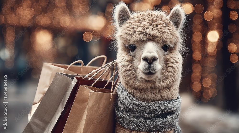 Obraz premium Cute animal carries shopping bags in a festive market during evening hours