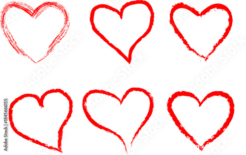 Red grunge hand drawn heart, valentine`s day brush strokes. Hand drawn brush love symbols with rough textured. Vector illustration isolated over white background.Symbol of love and valentine`s day