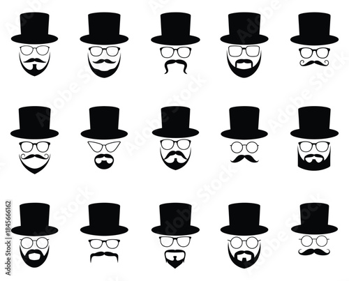 Vintage gentleman icons set with beards, glasses, and top hats