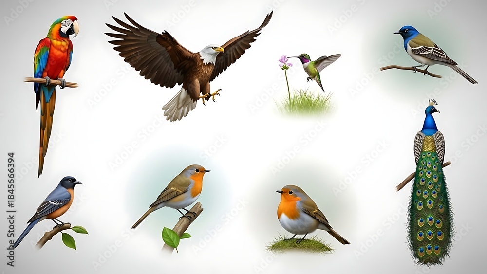 Naklejka premium Vibrant collection of diverse birds in various poses and settings naturally