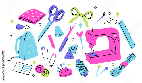 Sewing tools vector illustration set. Sewing machine, iron, needles, pins, scissors, measuring ruler, fabric and other tailoring accessories. Handmade atelier and clothing repair concept.
