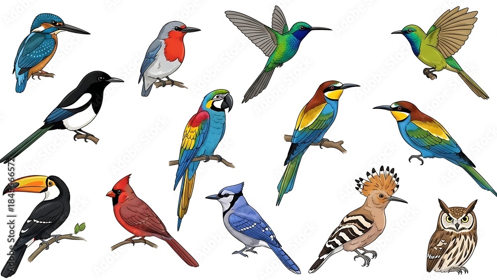 Fototapeta premium Vibrant illustrations of various colorful birds on white background