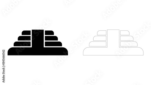 A minimalist black silhouette of an ancient stepped pyramid with a central structure