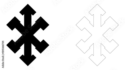 A unique black six-pointed arrow symbol on a clean white background creating a striking contrast