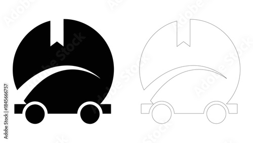Black and white icon representing cargo transport or a delivery package on wheels