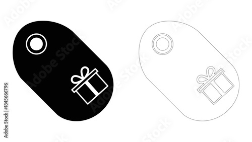Black tag with white outline of a gift box, symbolizing present or special offer