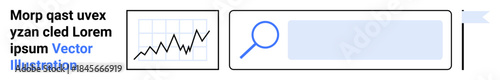 Data visualization, web search, business analysis, technology, user interfaces, navigation design. A graph icon next to a search bar. Data visualization and web search concept