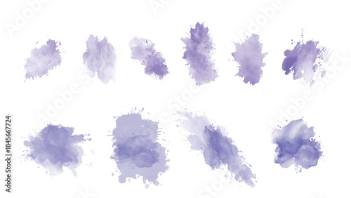 Set of watercolor circles brash soft purple on white background. Color splashing hand drawn transparent vector background. water color texture for cards, Brushstrokes and splashes.