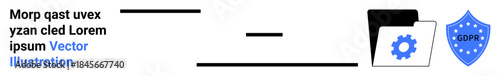Data privacy, GDPR compliance, cybersecurity, information management, digital protection, file security. Shield symbol, folder with gear icon. Data privacy and GDPR compliance concept