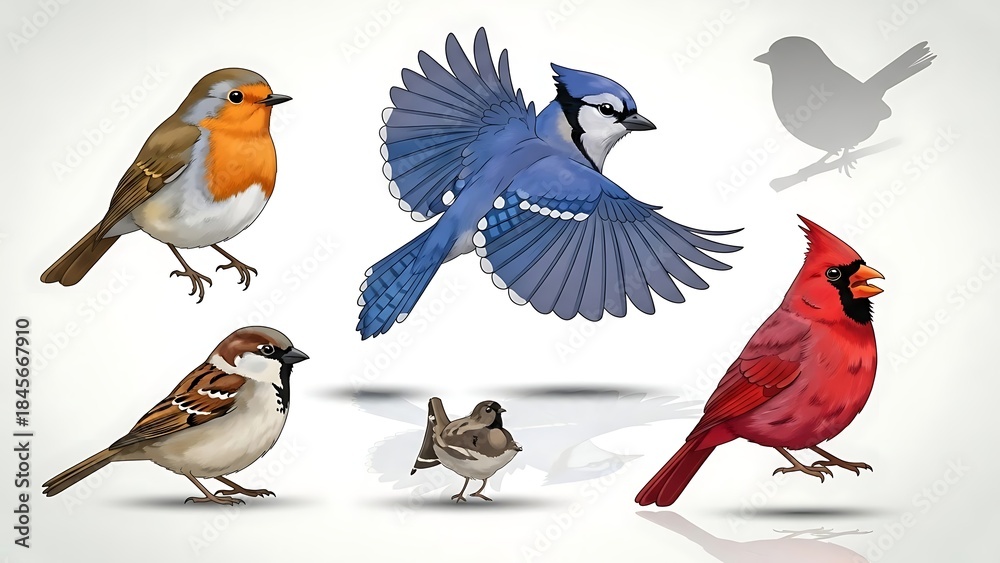 Fototapeta premium Vibrant colorful birds in various poses and flight