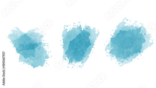 Set of watercolor circles brash sky blue on white background. Color splashing hand drawn transparent vector background. water color texture for cards, Brushstrokes and splashes.