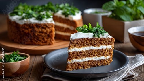 Wallpaper Mural Layered carrot cake slices topped with cream frosting and herbs for dessert and bakery concept Torontodigital.ca