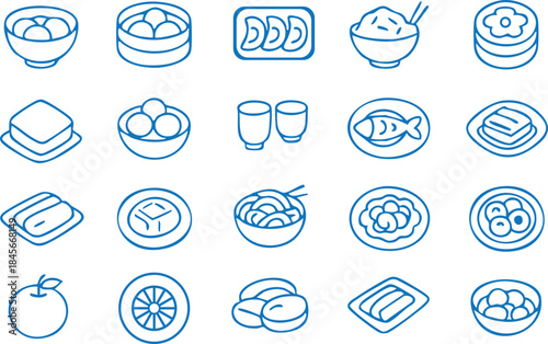 Collection of japanese cuisine line icons including sushi ramen mochi and various traditional dishes on transparent background high-quality