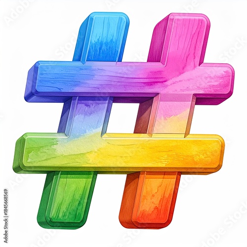 A vibrant, multi-colored, watercolor-textured hashtag symbol on white