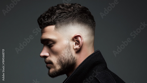 A modern men's hairstyle featuring a sleek fade with a textured top.