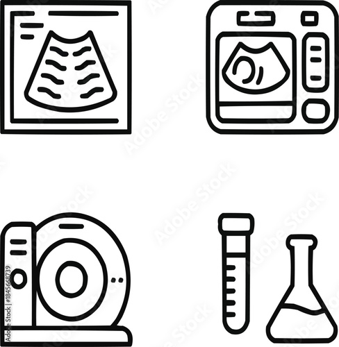 Medical Diagnostic Line Icons Set  X-ray, MRI, CT Scan, Ultrasound, and Test Tube Vector