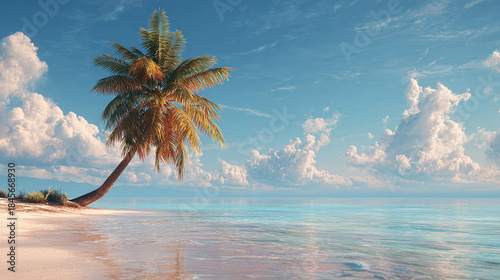 An idyllic tropical beach scene, with a palm tree, clear blue water, and fluffy clouds
