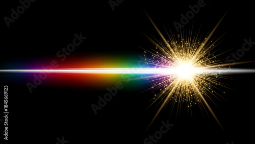 Lens flare with golden spark and camera glow effect magic radial light sparkle aura flash speed heat ray rainbow white sky black background vector power line illustration