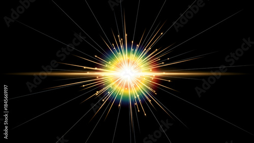 Lens flare with golden spark and camera glow effect magic radial light sparkle aura flash speed heat ray rainbow white sky black background vector power line illustration