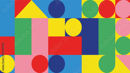 Modern geometric vector wallpaper featuring clean circles, triangles, and rectangles in a balanced flat composition with bold solid colors, minimal abstract background