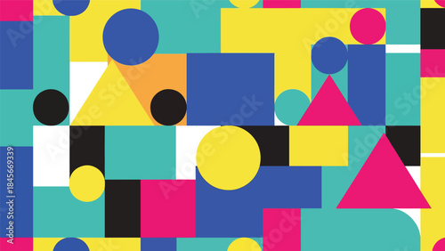 Modern geometric vector wallpaper featuring clean circles, triangles, and rectangles in a balanced flat composition with bold solid colors, minimal abstract background