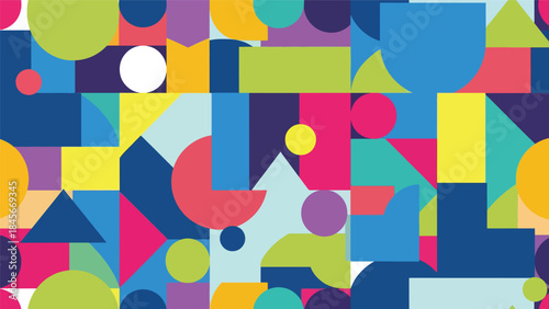 Modern geometric vector wallpaper featuring clean circles, triangles, and rectangles in a balanced flat composition with bold solid colors, minimal abstract background