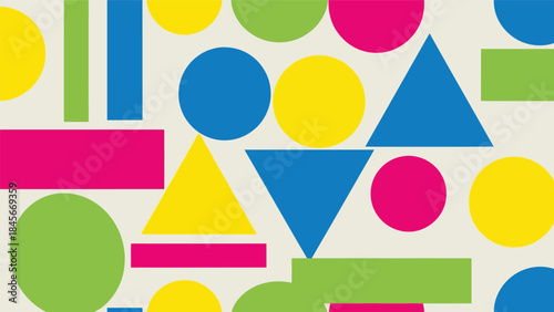 Modern geometric vector wallpaper featuring clean circles, triangles, and rectangles in a balanced flat composition with bold solid colors, minimal abstract background